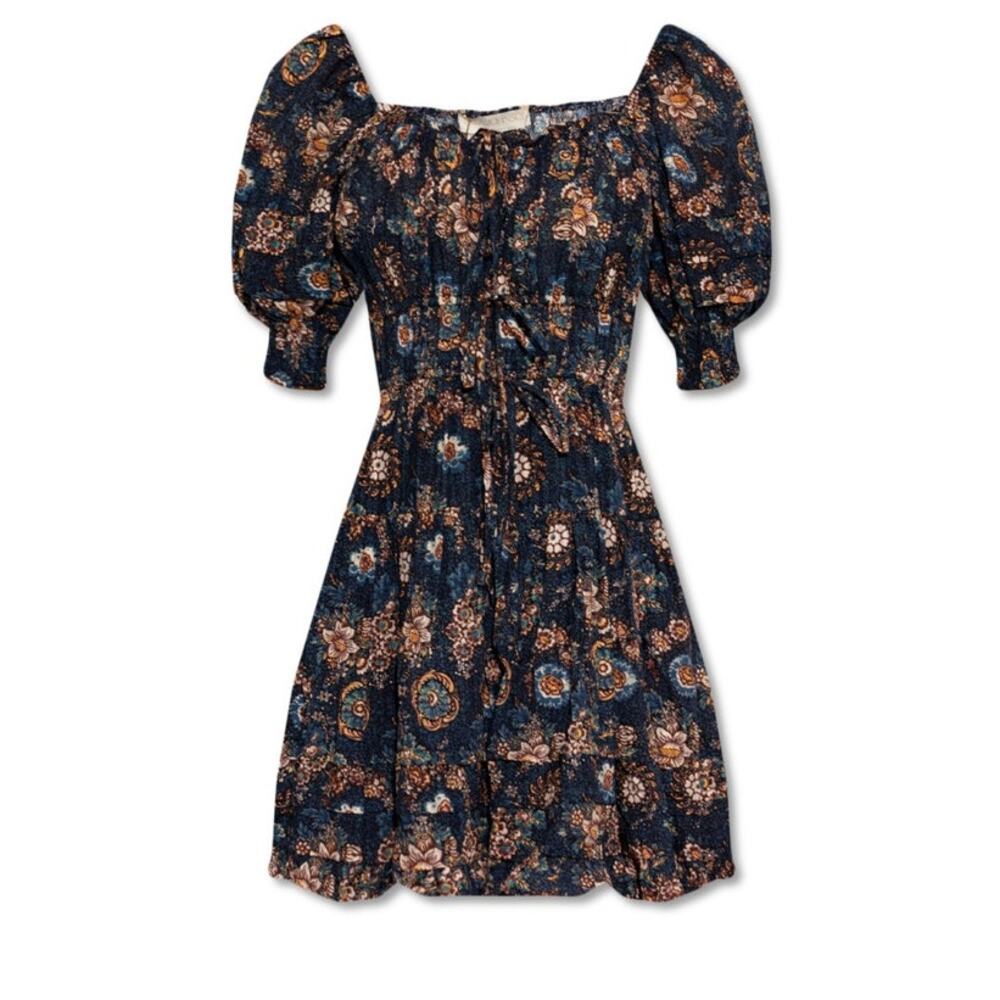 Ulla Johnson Navy Floral Puff-Sleeve Mini Dress
